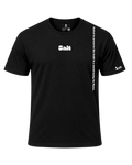 A black short-sleeve crewneck Project 418 Co t-shirt with white printed graphics. The word 'Salt' is printed on the left chest, and vertical white text runs down the right sleeve and side of the torso.