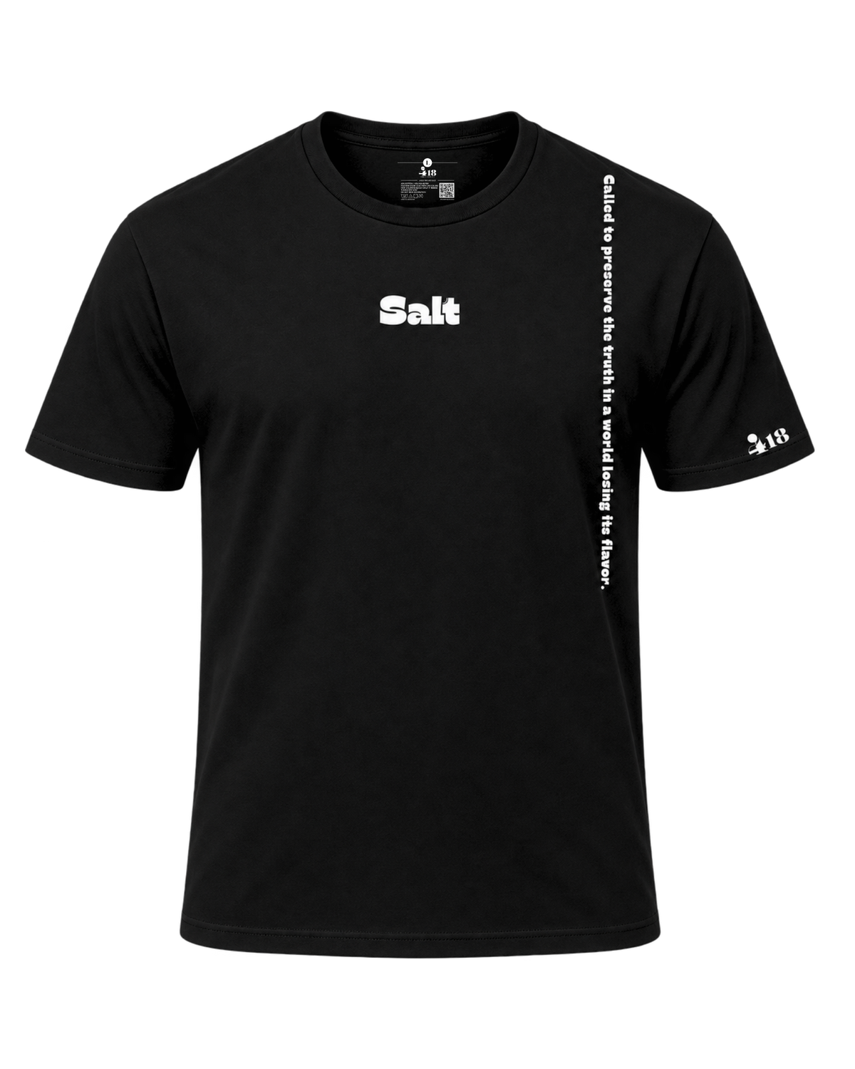 A black short-sleeve crewneck Project 418 Co t-shirt with white printed graphics. The word 'Salt' is printed on the left chest, and vertical white text runs down the right sleeve and side of the torso.