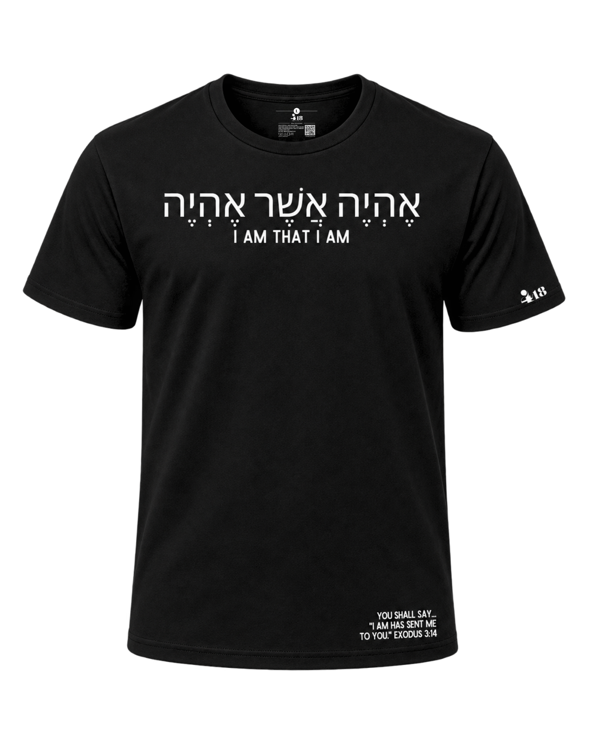 A black short-sleeve crewneck Project 418 Co t-shirt with white text printed on the chest in both Hebrew and English ('I AM THAT I AM') and additional small white text near the lower hem, shown on a plain white background.