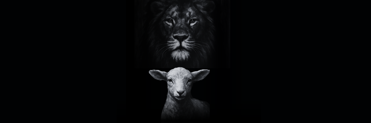 Black-and-white illustration of a lion and a lamb facing each other against a dark background. Project 418 Co Brand logo
