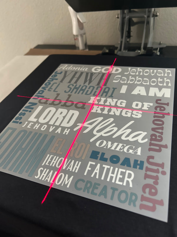 A close-up of a decorative wall art print featuring multiple religious phrases such as 'LORD', 'KING OF', 'I AM', and 'JEHOVAH' in mixed gray, blue, white, and burgundy fonts on a light gray background. The print is shown mounted on a dark frame or board, photographed indoors with part of a wall and mounting hardware visible.