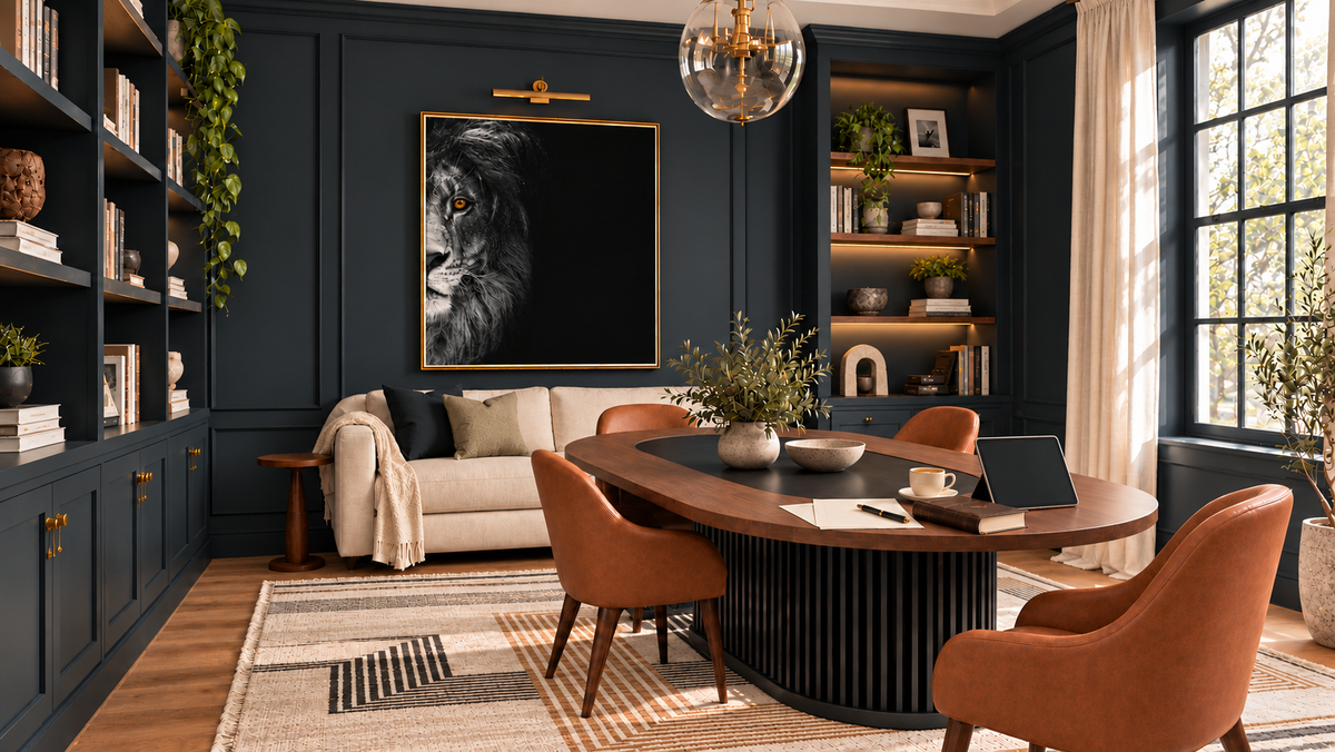 A styled interior room with dark navy paneled walls, built-in shelving, a round wooden dining table, orange upholstered chairs, a cream sofa, and a large black-and-white lion portrait framed in gold on the wall.