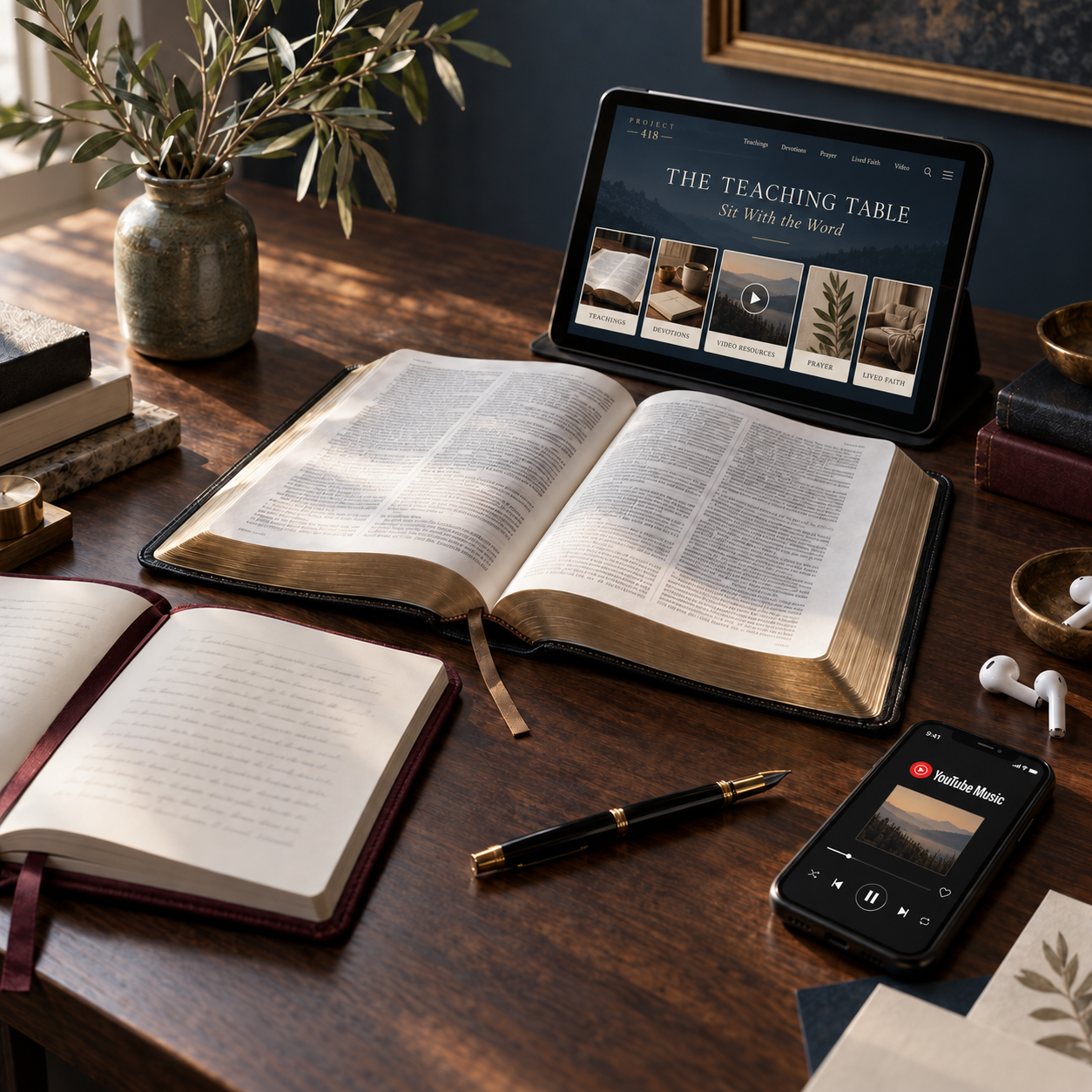 A styled desk scene with an open leather-bound book in the center, another open notebook at lower left, a tablet on a stand showing a website, a smartphone with media controls, a black pen, white earbuds, stacked books, and a small vase with greenery against a dark blue wall.
