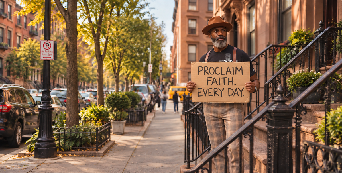 A man wearing a brown hat and overalls stands on the steps of a brownstone apartment holding a wooden sign that reads 'PROCLAIM FAITH, EVERY DAY.' The scene is set on a city sidewalk with trees, parked cars, and other pedestrians in the background.