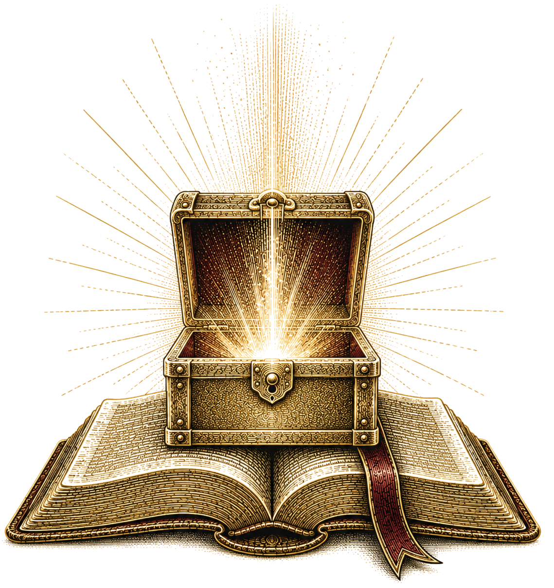 An open antique-style treasure chest glowing with golden light, resting on top of an open book with a red ribbon bookmark, isolated on a black background.