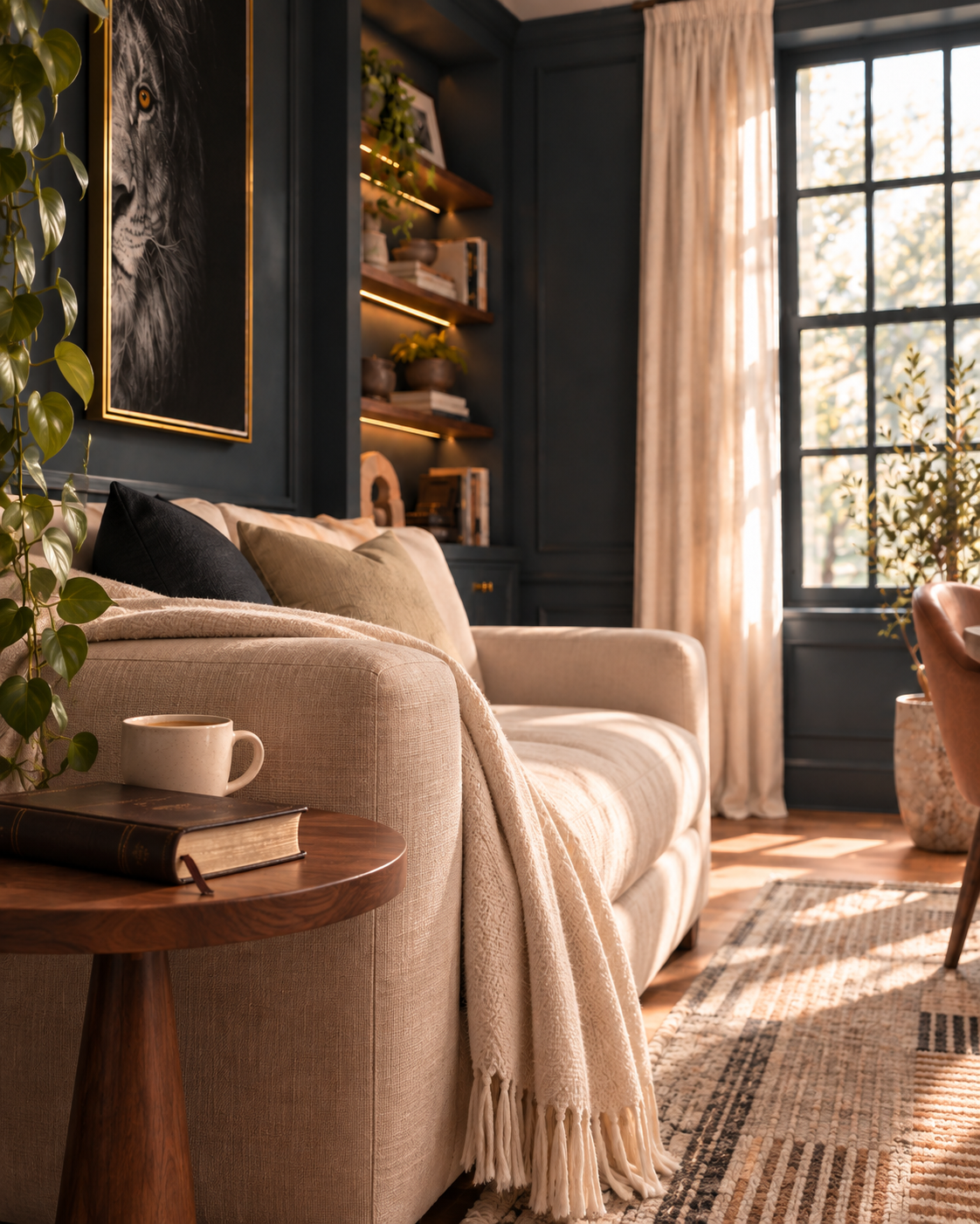 A cozy living room scene featuring a beige upholstered sofa with cream and black pillows, a cream throw blanket, a round wooden side table with a mug and book, dark blue paneled walls, built-in shelving, and a large window with sheer curtains.