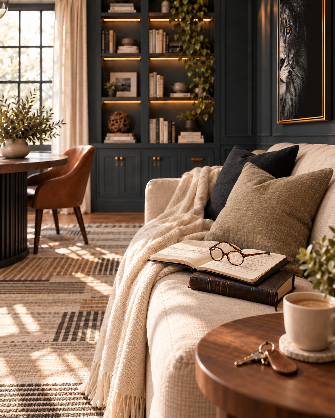 A cozy living room scene with a cream upholstered sofa draped in a beige throw blanket, styled with black and beige pillows, an open book, and eyeglasses. A round wooden coffee table in the foreground holds a cup of coffee and keys, with a patterned rug and dark navy built-in shelving in the background.