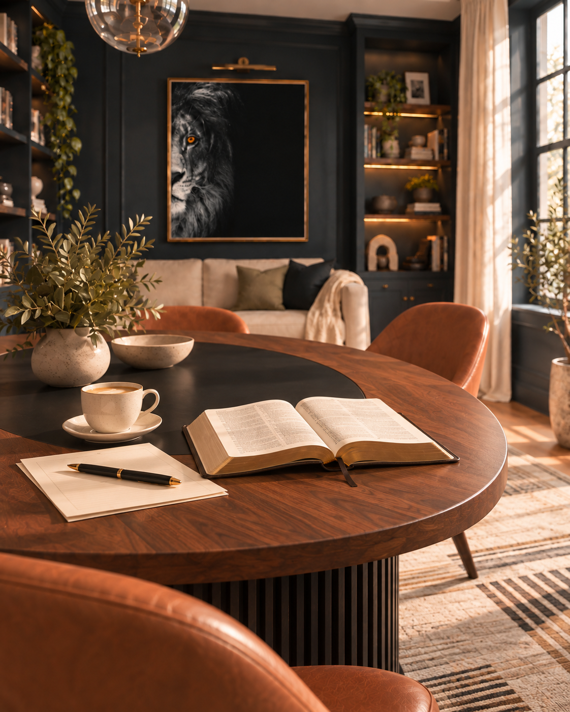 A styled interior scene featuring a round dark wood dining table with brown leather chairs, an open notebook, a pen, and a cup of coffee on the tabletop. The room has dark navy walls, built-in shelving, a lion portrait in a gold frame, and warm sunlight streaming through a window.