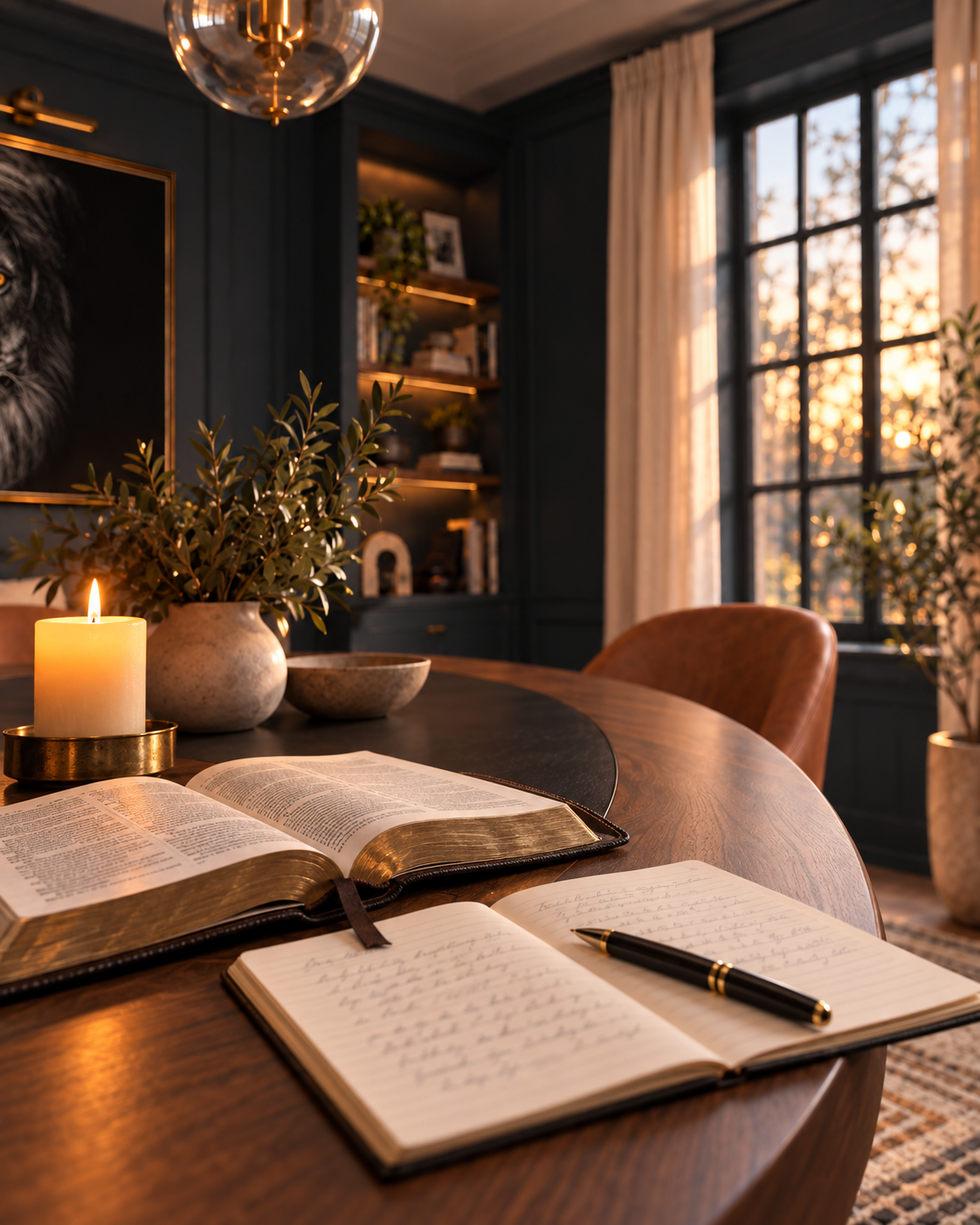 A cozy interior scene with open leather-bound journals and a black-and-gold pen on a wooden table, alongside a lit candle, plants, shelves, and a large window in a dark teal room.