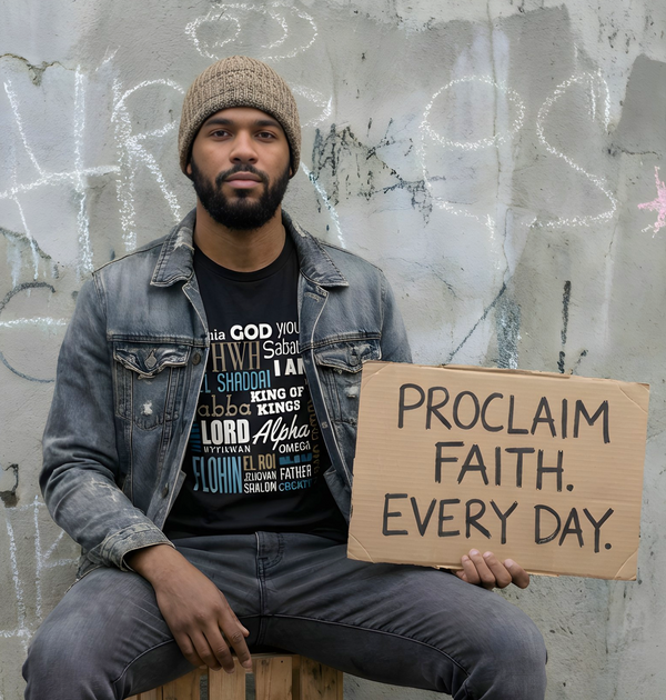 Man holding a sign with motivational text that reads "Proclaim faith. Everyday." against a graffiti-covered wall