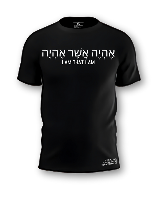 Faith-based tee. Black t-shirt with white text words, I Am That I Am