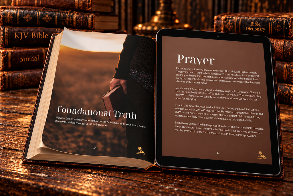 An open leather-bound book titled 'Foundational Truth' lies on a wooden surface next to a tablet displaying a prayer page. The scene is styled with antique books in the background.